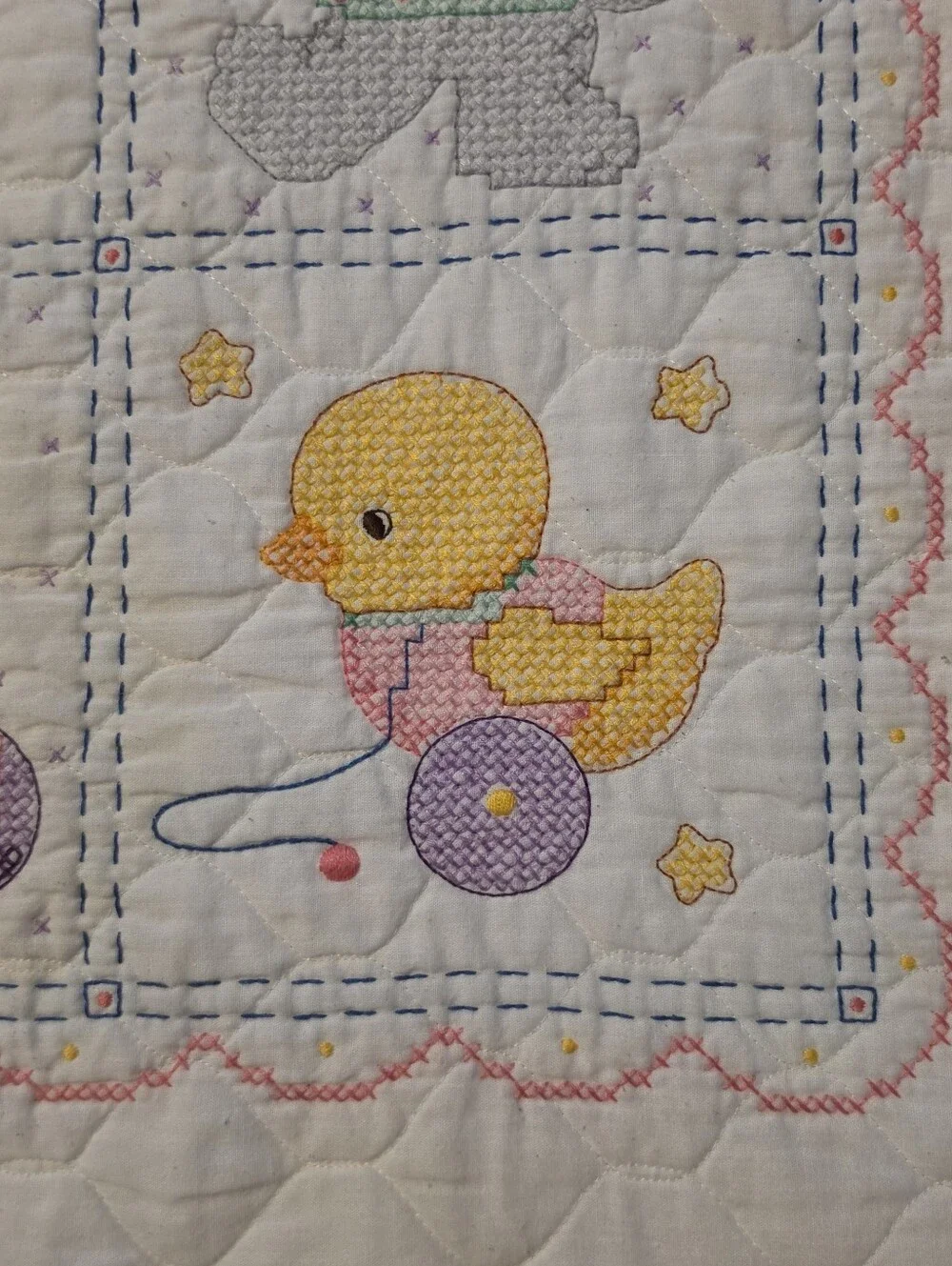 2009 Completed Bucilla Plaid Babies Are Precious Cross Stitch Baby Blanket
